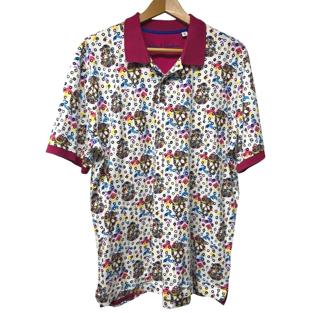 Robert Graham Men’s XL Multicolor Skull Print Polo Shirt Short Sleeve Colorful